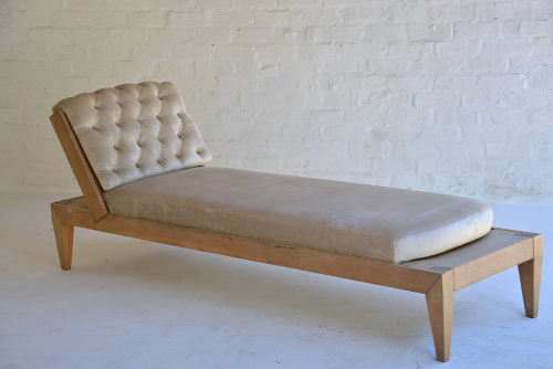 003 Oyster velvet and oak chaise lounge